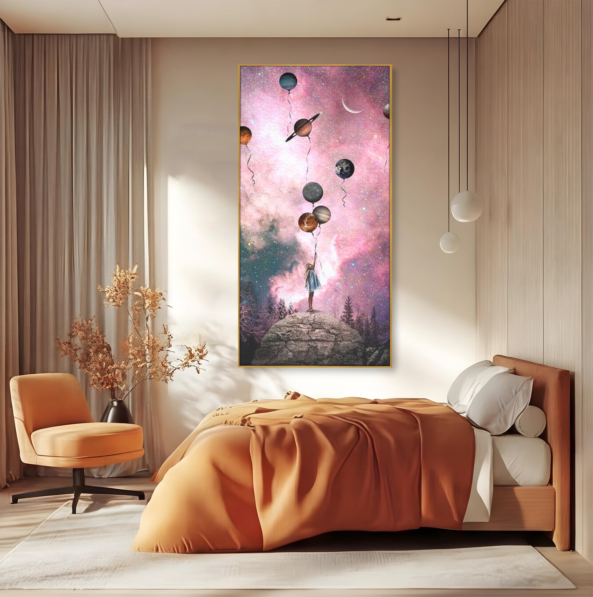Tablou canvas cu ilustratie fetita tinand baloane planete, in rama de aluminiu auriu, pe perete intr-un dormitor